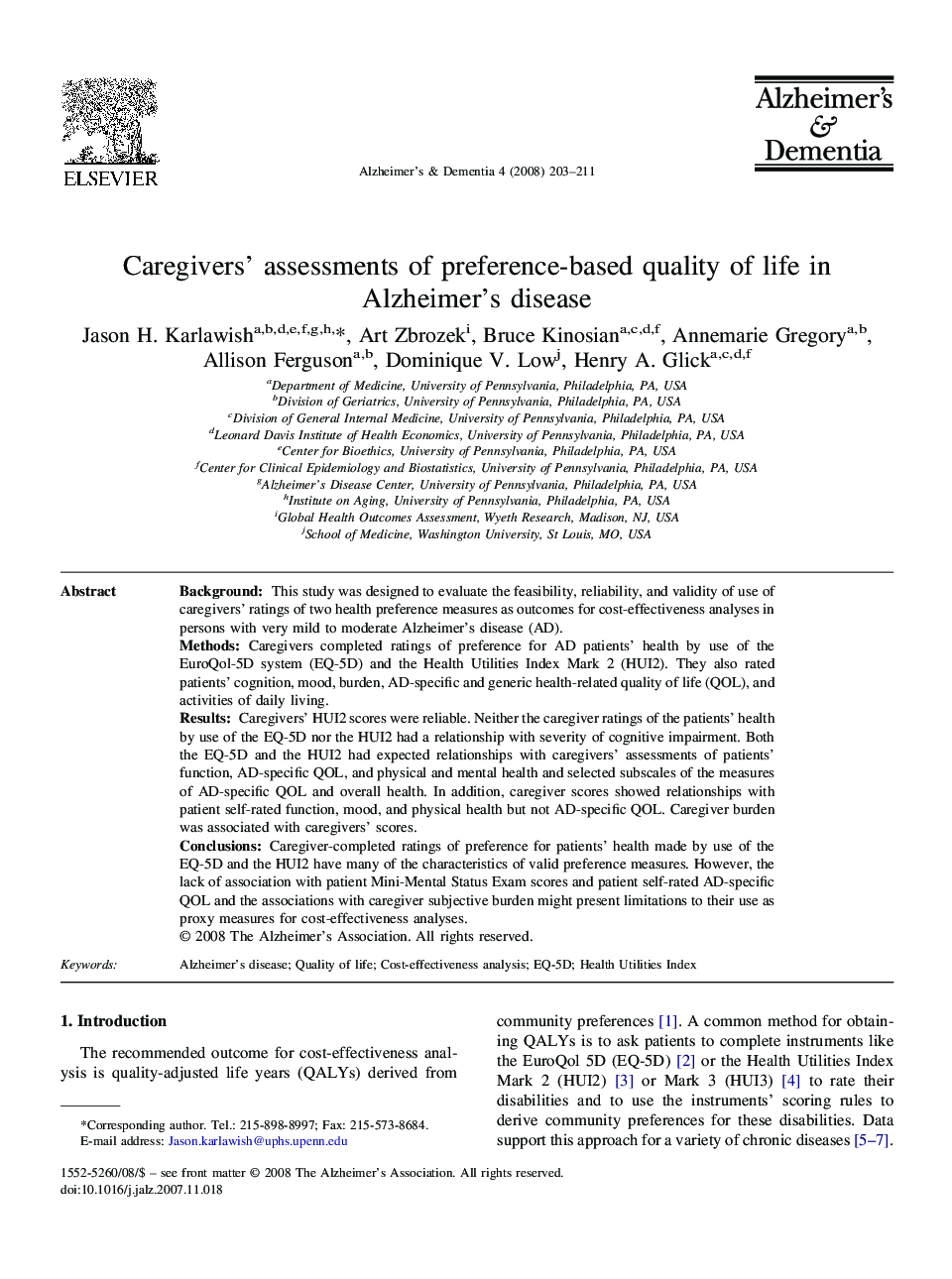 Featured articleCaregivers' assessments of preference-based quality of life in Alzheimer's disease