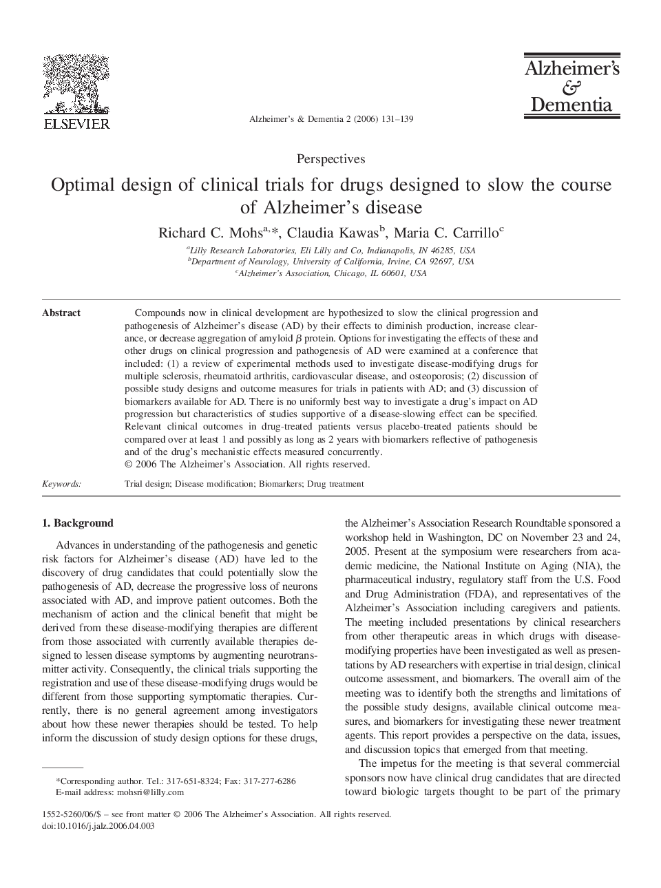 PerspectiveOptimal design of clinical trials for drugs designed to slow the course of Alzheimer's disease