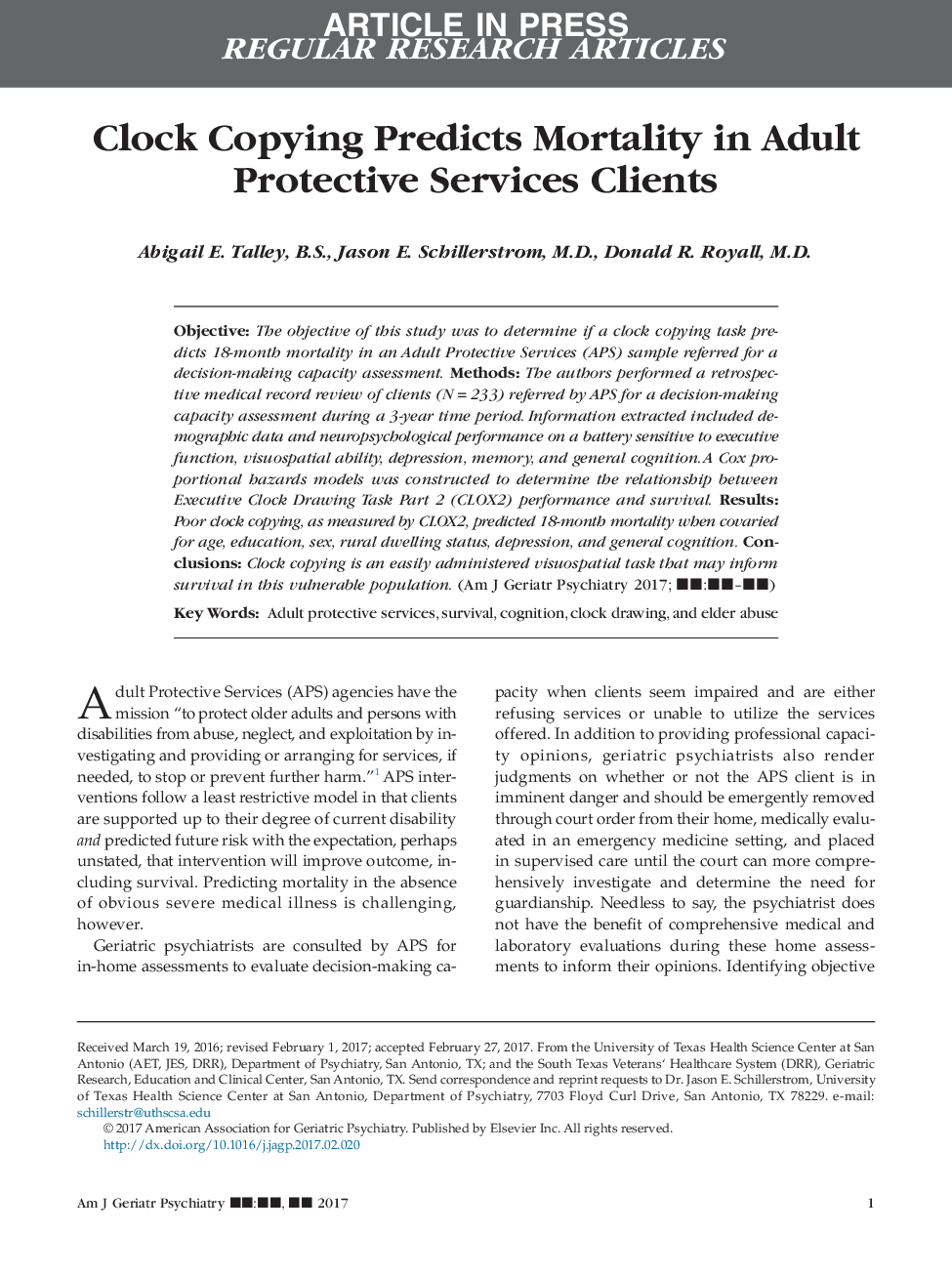 Clock Copying Predicts Mortality in Adult Protective Services Clients