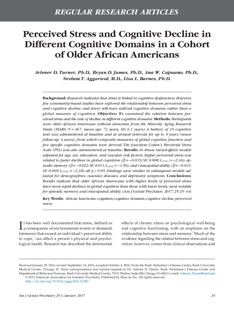 مقالات پژوهشی منظم مقابله با استرس و کاهش شناختی در حوزه های شناختی مختلف در یک گروه از آمریکایی های آفریقایی قدیمی تر 