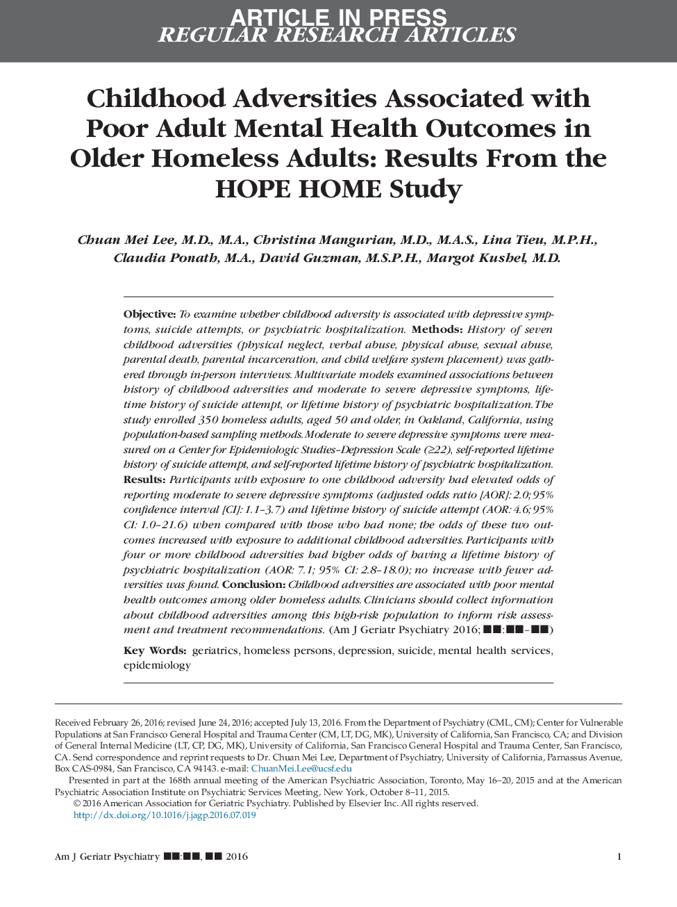 Childhood Adversities Associated with Poor Adult Mental Health Outcomes in Older Homeless Adults: Results From the HOPE HOME Study