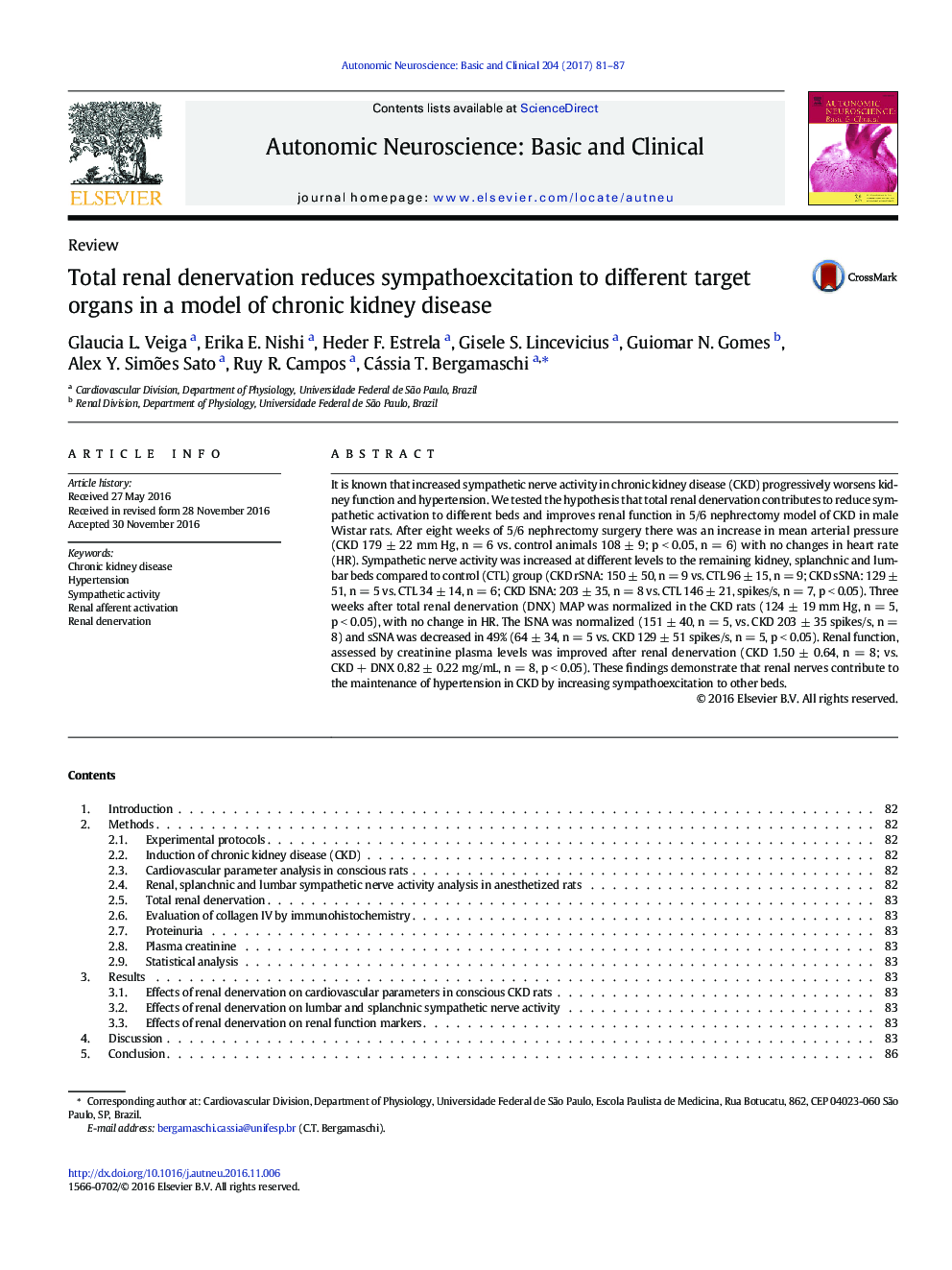 ReviewTotal renal denervation reduces sympathoexcitation to different target organs in a model of chronic kidney disease