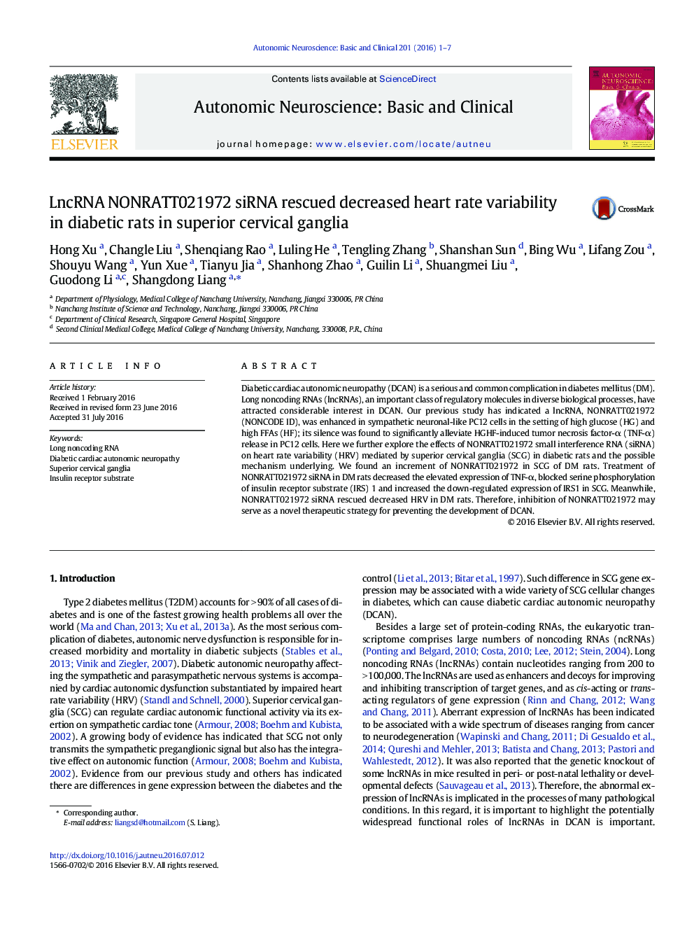 LncRNA NONRATT021972 siRNA rescued decreased heart rate variability in diabetic rats in superior cervical ganglia