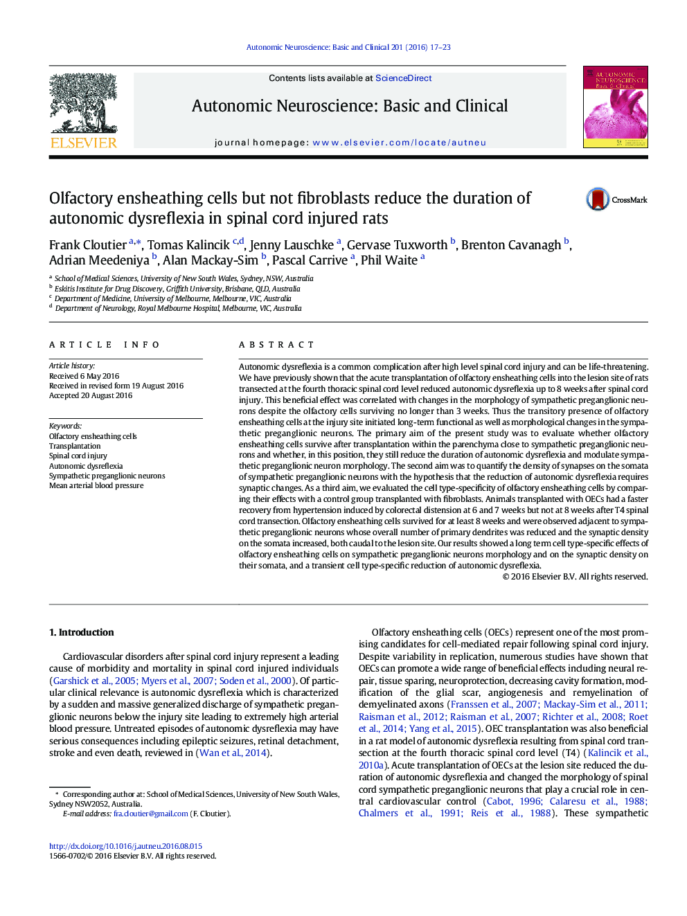 Olfactory ensheathing cells but not fibroblasts reduce the duration of autonomic dysreflexia in spinal cord injured rats