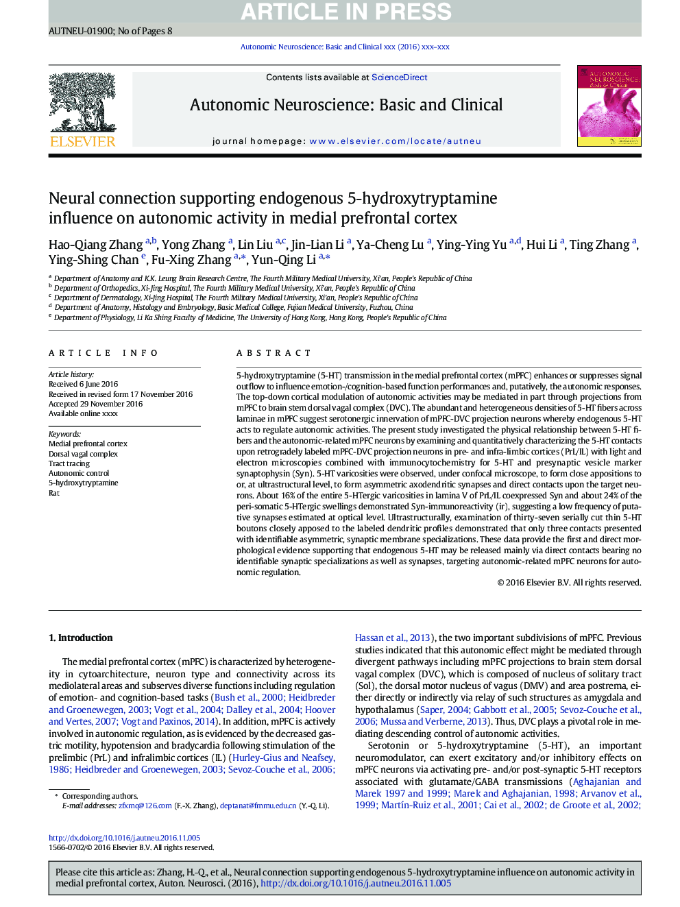 Neural connection supporting endogenous 5-hydroxytryptamine influence on autonomic activity in medial prefrontal cortex