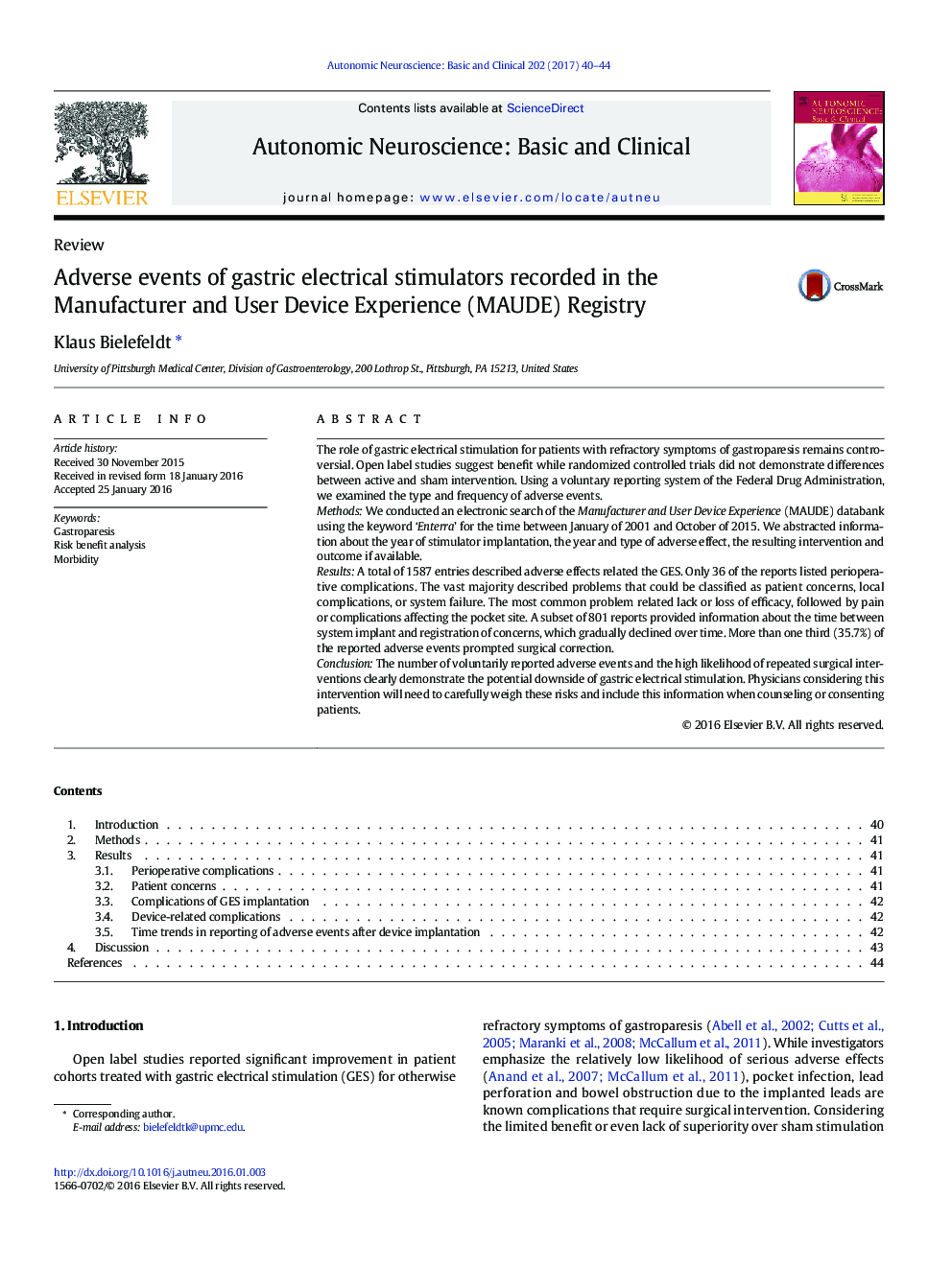 ReviewAdverse events of gastric electrical stimulators recorded in the Manufacturer and User Device Experience (MAUDE) Registry