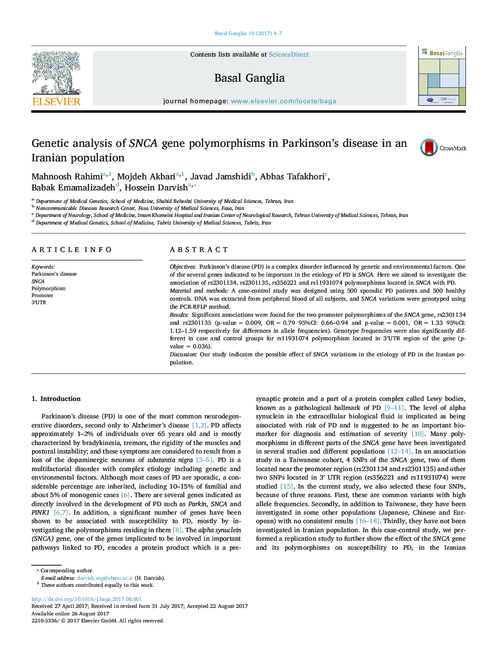 Genetic analysis of SNCA gene polymorphisms in Parkinson's disease in an Iranian population