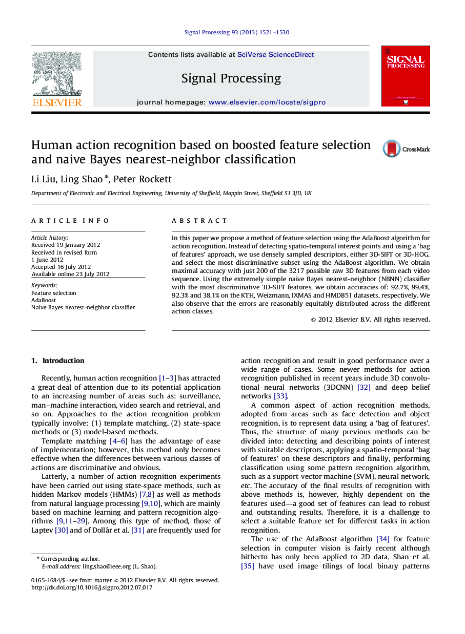 Human action recognition based on boosted feature selection and naive Bayes nearest-neighbor classification