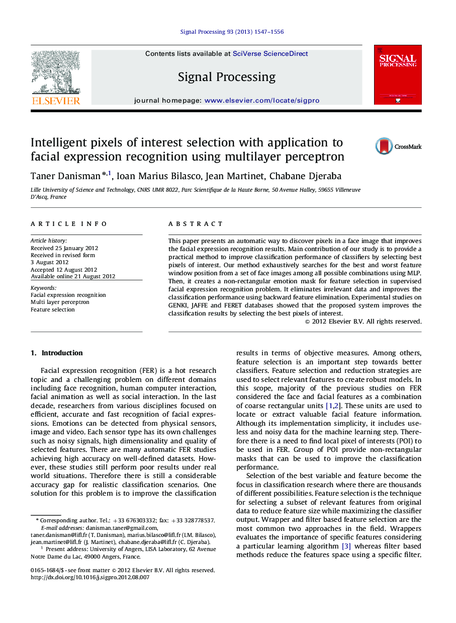 Intelligent pixels of interest selection with application to facial expression recognition using multilayer perceptron