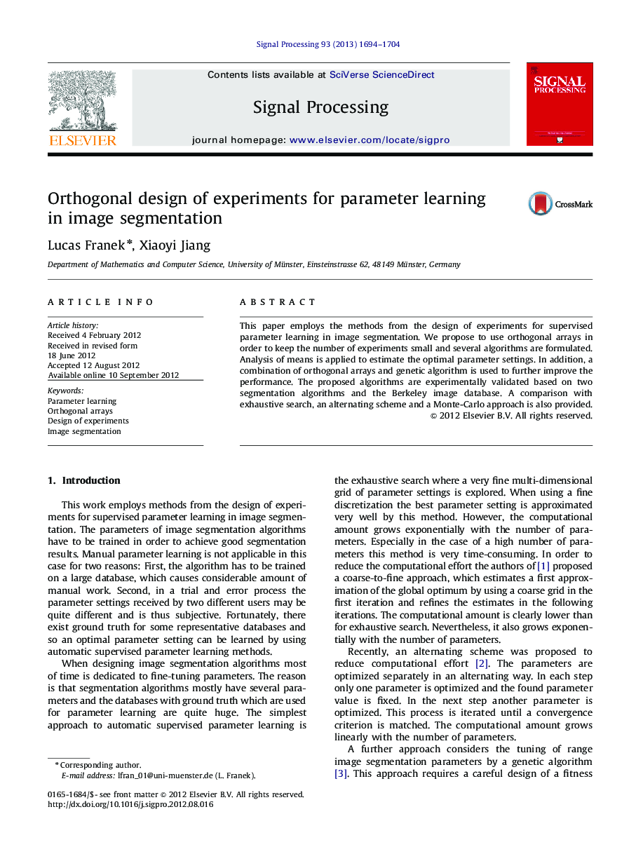 Orthogonal design of experiments for parameter learning in image segmentation