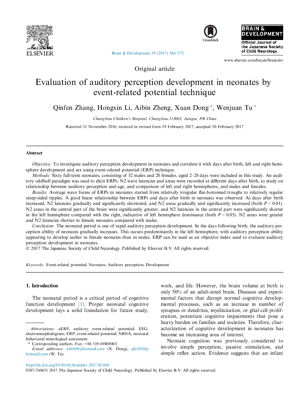 Original articleEvaluation of auditory perception development in neonates by event-related potential technique