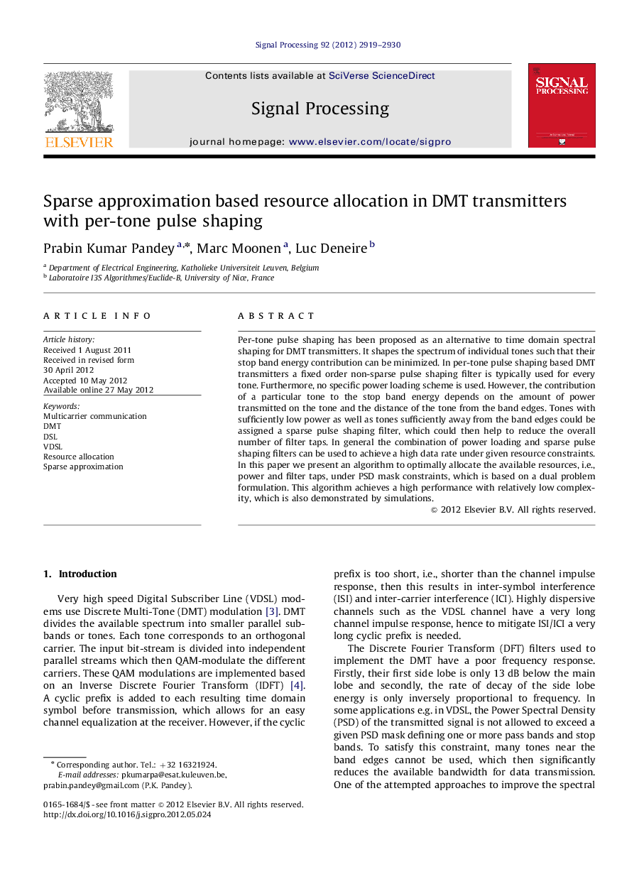 Sparse approximation based resource allocation in DMT transmitters with per-tone pulse shaping