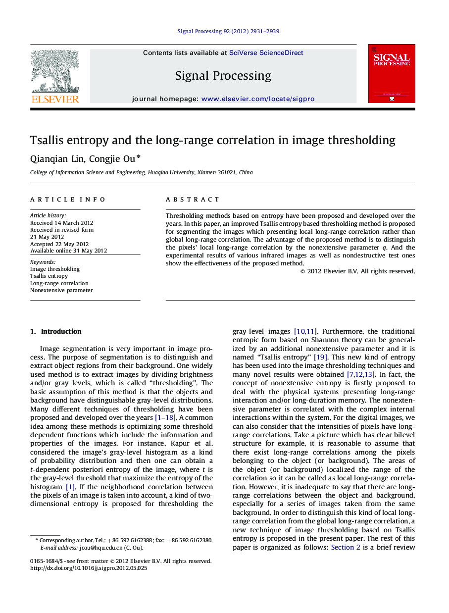 Tsallis entropy and the long-range correlation in image thresholding