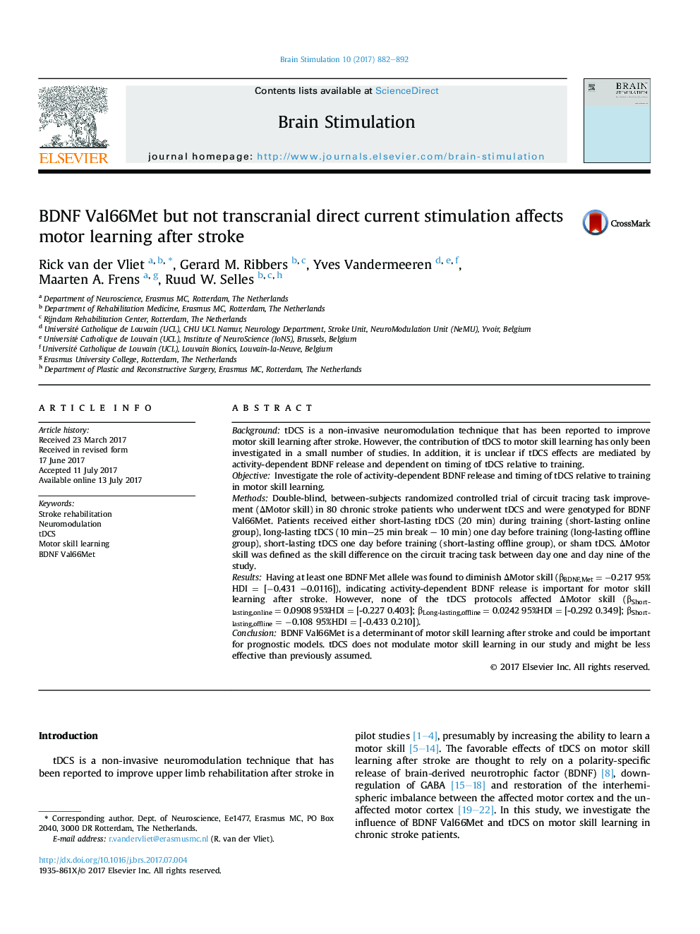 BDNF Val66Met but not transcranial direct current stimulation affects motor learning after stroke