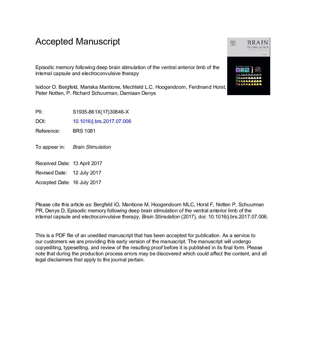 Episodic memory following deep brain stimulation of the ventral anterior limb of the internal capsule and electroconvulsive therapy