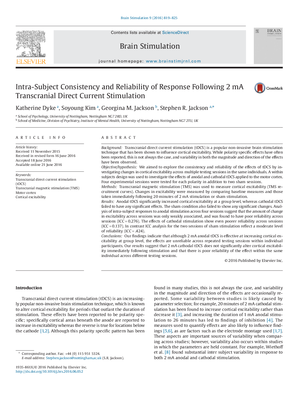 Intra-Subject Consistency and Reliability of Response Following 2âmA Transcranial Direct Current Stimulation