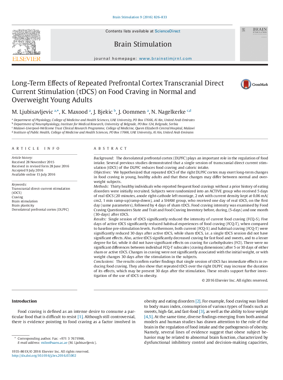 Long-Term Effects of Repeated Prefrontal Cortex Transcranial Direct Current Stimulation (tDCS) on Food Craving in Normal and Overweight Young Adults