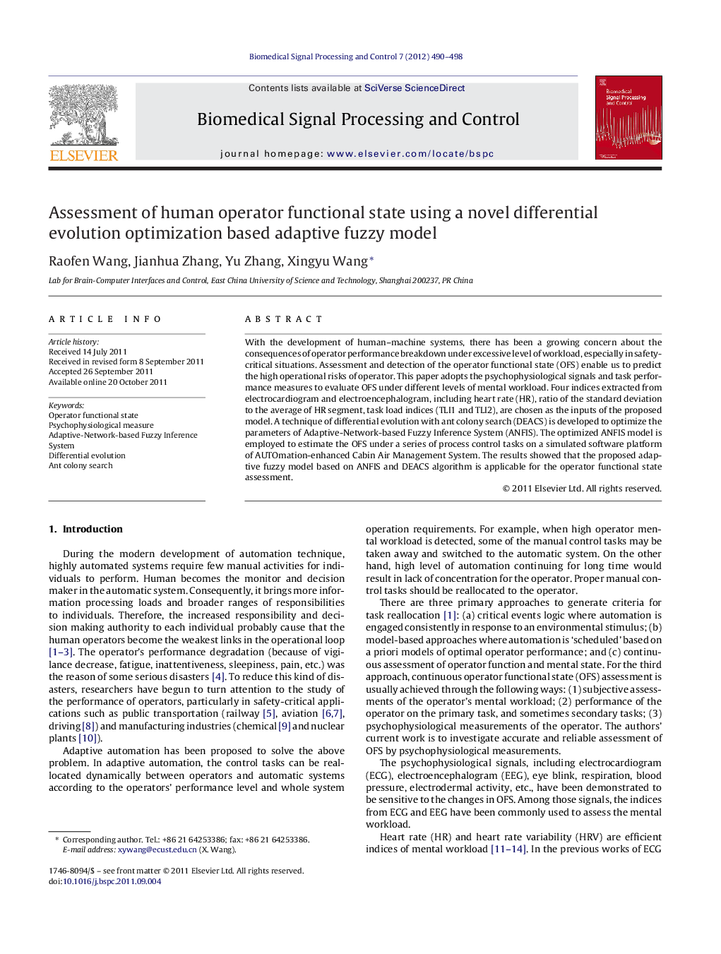 Assessment of human operator functional state using a novel differential evolution optimization based adaptive fuzzy model