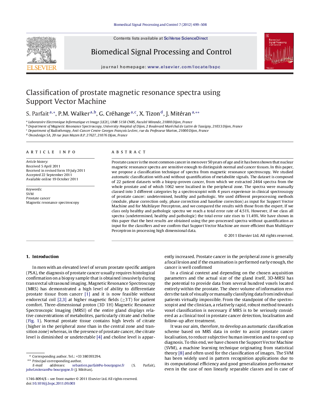 Classification of prostate magnetic resonance spectra using Support Vector Machine