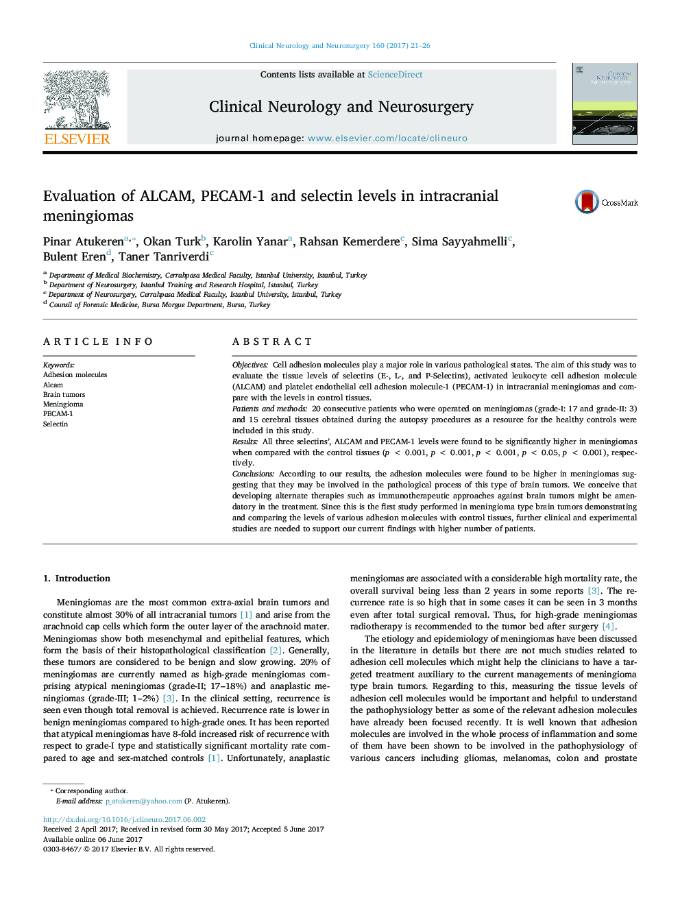 Evaluation of ALCAM, PECAM-1 and selectin levels in intracranial meningiomas