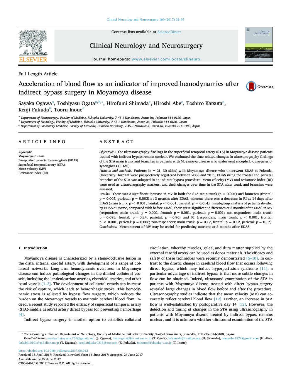 Full Length ArticleAcceleration of blood flow as an indicator of improved hemodynamics after indirect bypass surgery in Moyamoya disease