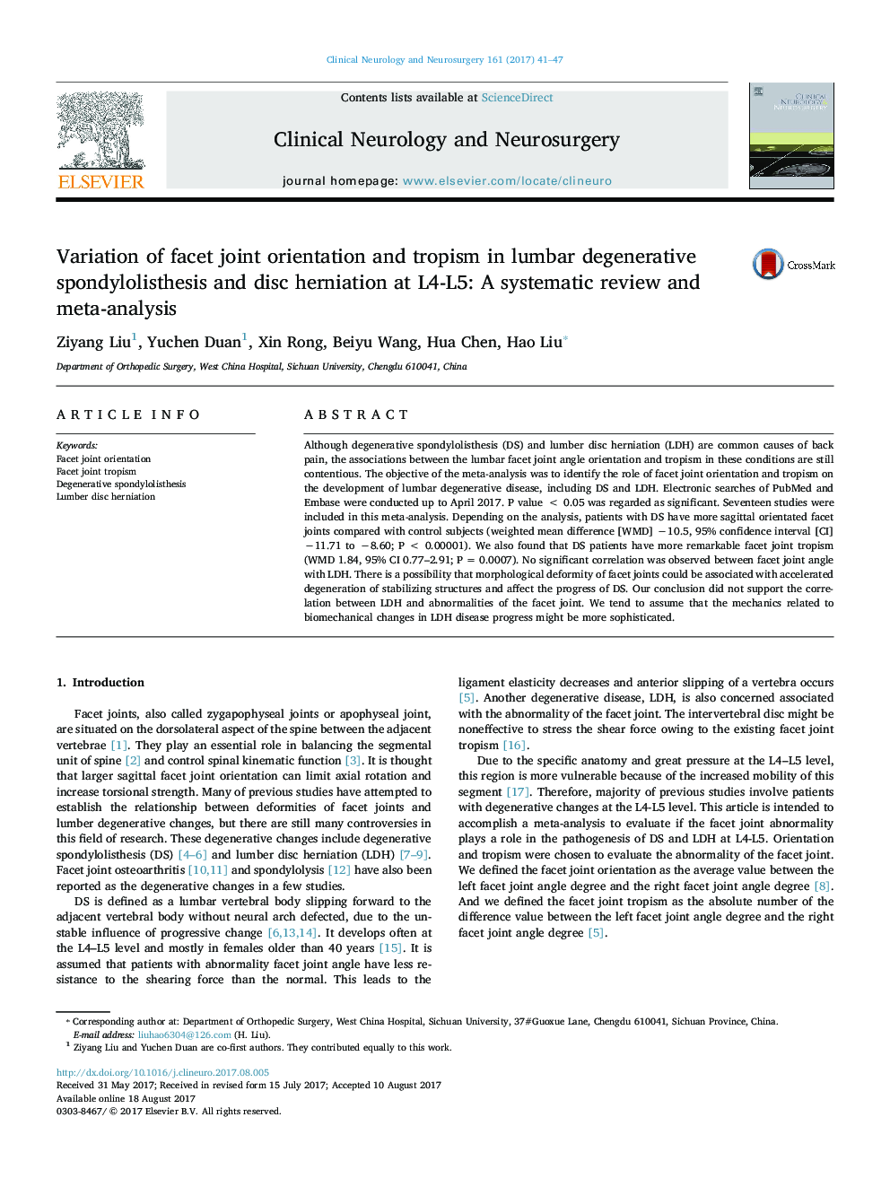 Variation of facet joint orientation and tropism in lumbar degenerative spondylolisthesis and disc herniation at L4-L5: A systematic review and meta-analysis