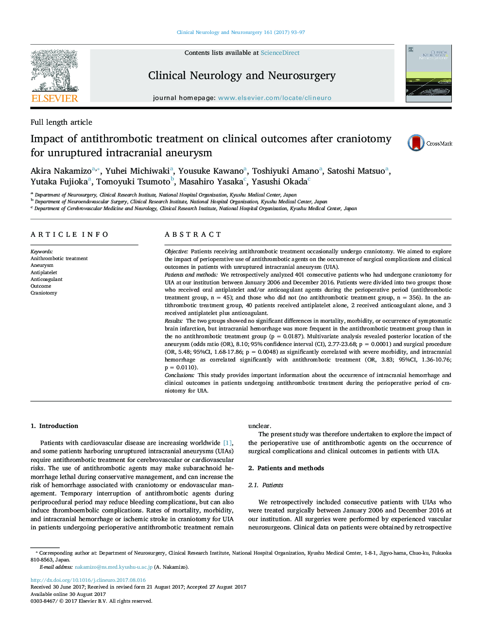 Full length articleImpact of antithrombotic treatment on clinical outcomes after craniotomy for unruptured intracranial aneurysm