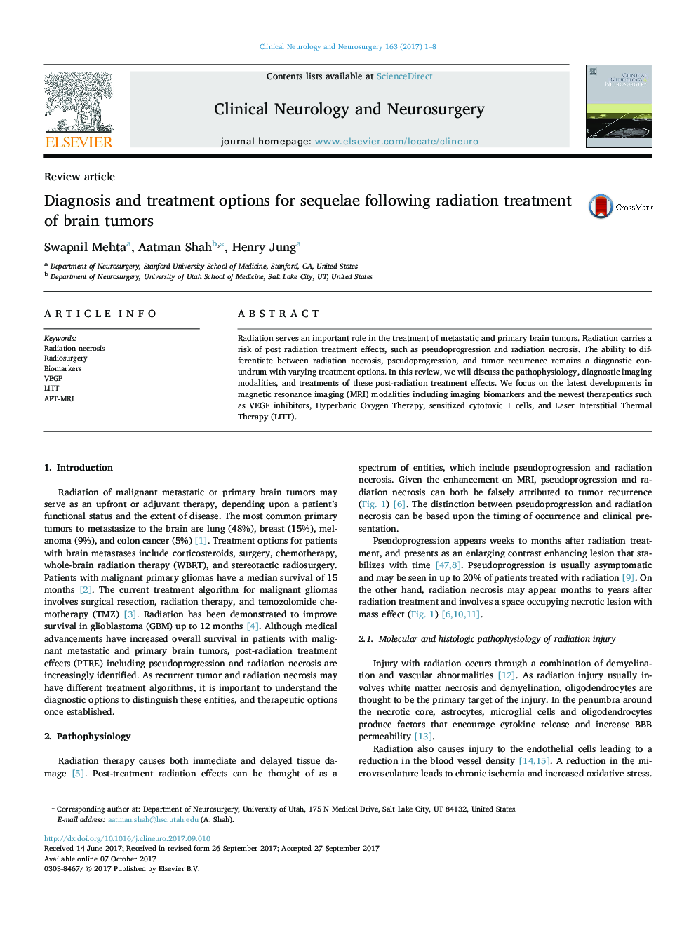 Diagnosis and treatment options for sequelae following radiation treatment of brain tumors