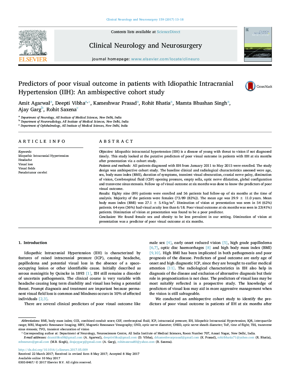 Predictors of poor visual outcome in patients with Idiopathic Intracranial Hypertension (IIH): An ambispective cohort study