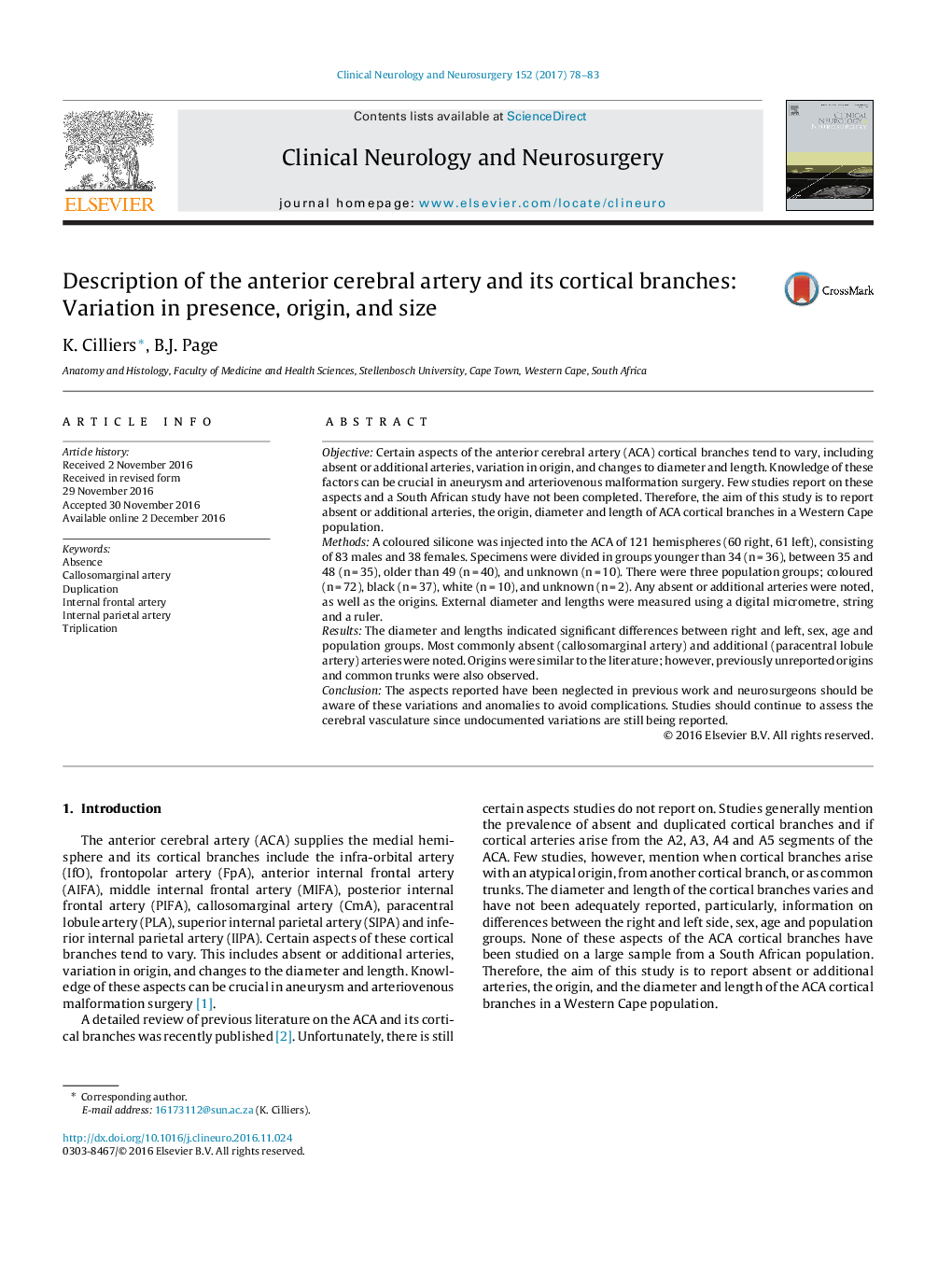 Description of the anterior cerebral artery and its cortical branches: Variation in presence, origin, and size