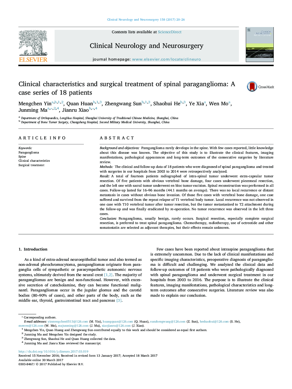 Clinical characteristics and surgical treatment of spinal paraganglioma: A case series of 18 patients