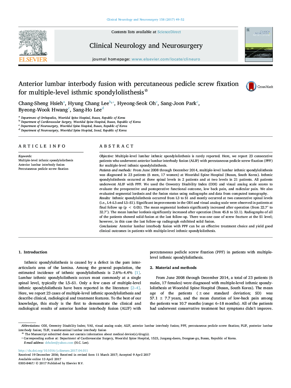 Anterior lumbar interbody fusion with percutaneous pedicle screw fixation for multiple-level isthmic spondylolisthesis