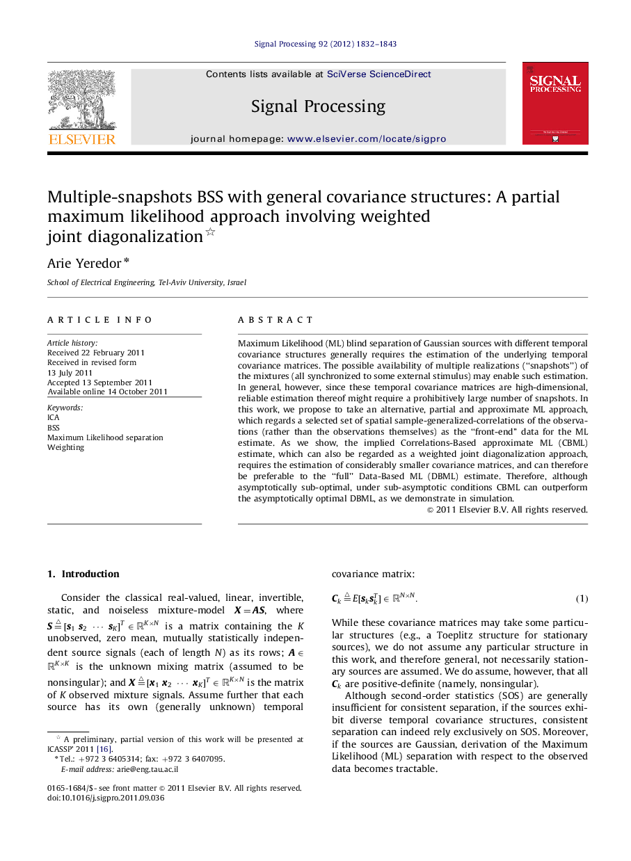 Multiple-snapshots BSS with general covariance structures: A partial maximum likelihood approach involving weighted joint diagonalization 