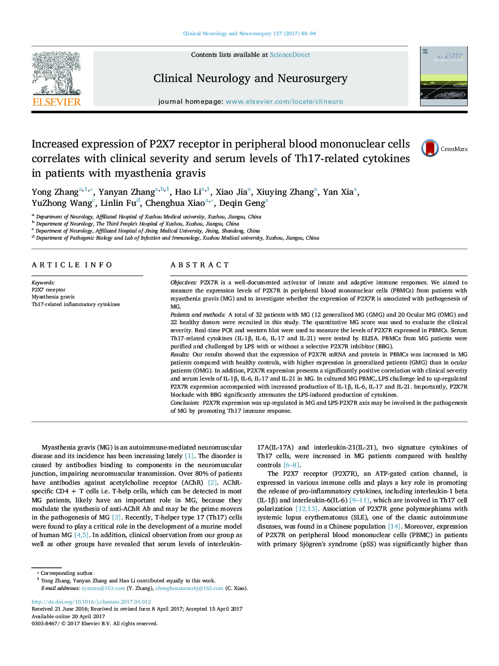 Increased expression of P2X7 receptor in peripheral blood mononuclear cells correlates with clinical severity and serum levels of Th17-related cytokines in patients with myasthenia gravis