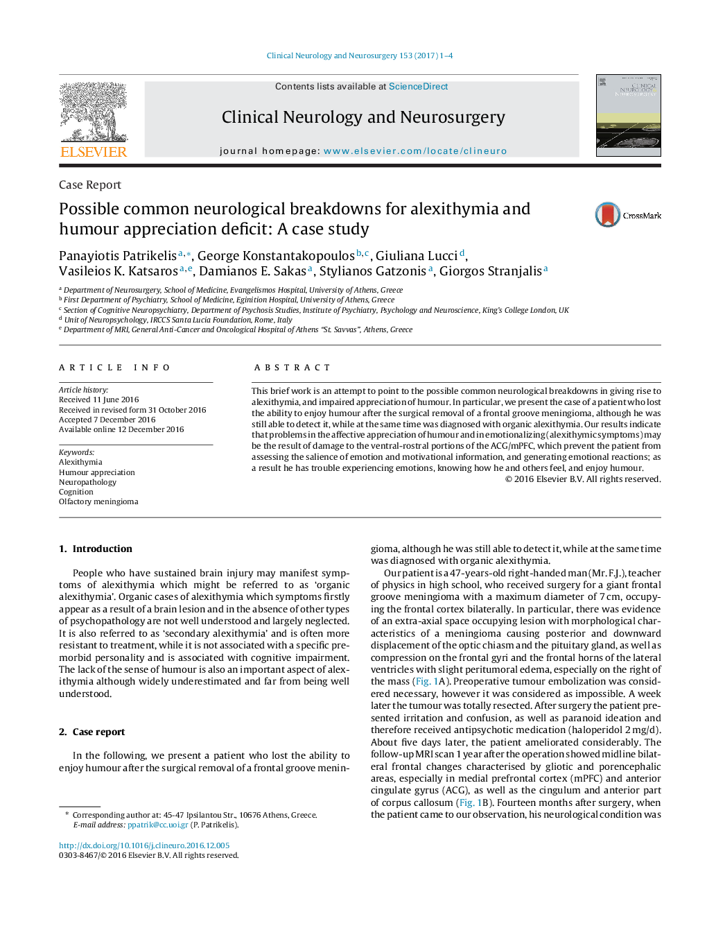 Case ReportPossible common neurological breakdowns for alexithymia and humour appreciation deficit: A case study