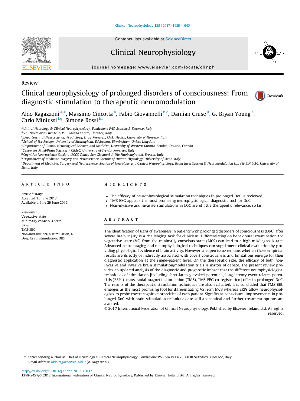 ReviewClinical neurophysiology of prolonged disorders of consciousness: From diagnostic stimulation to therapeutic neuromodulation