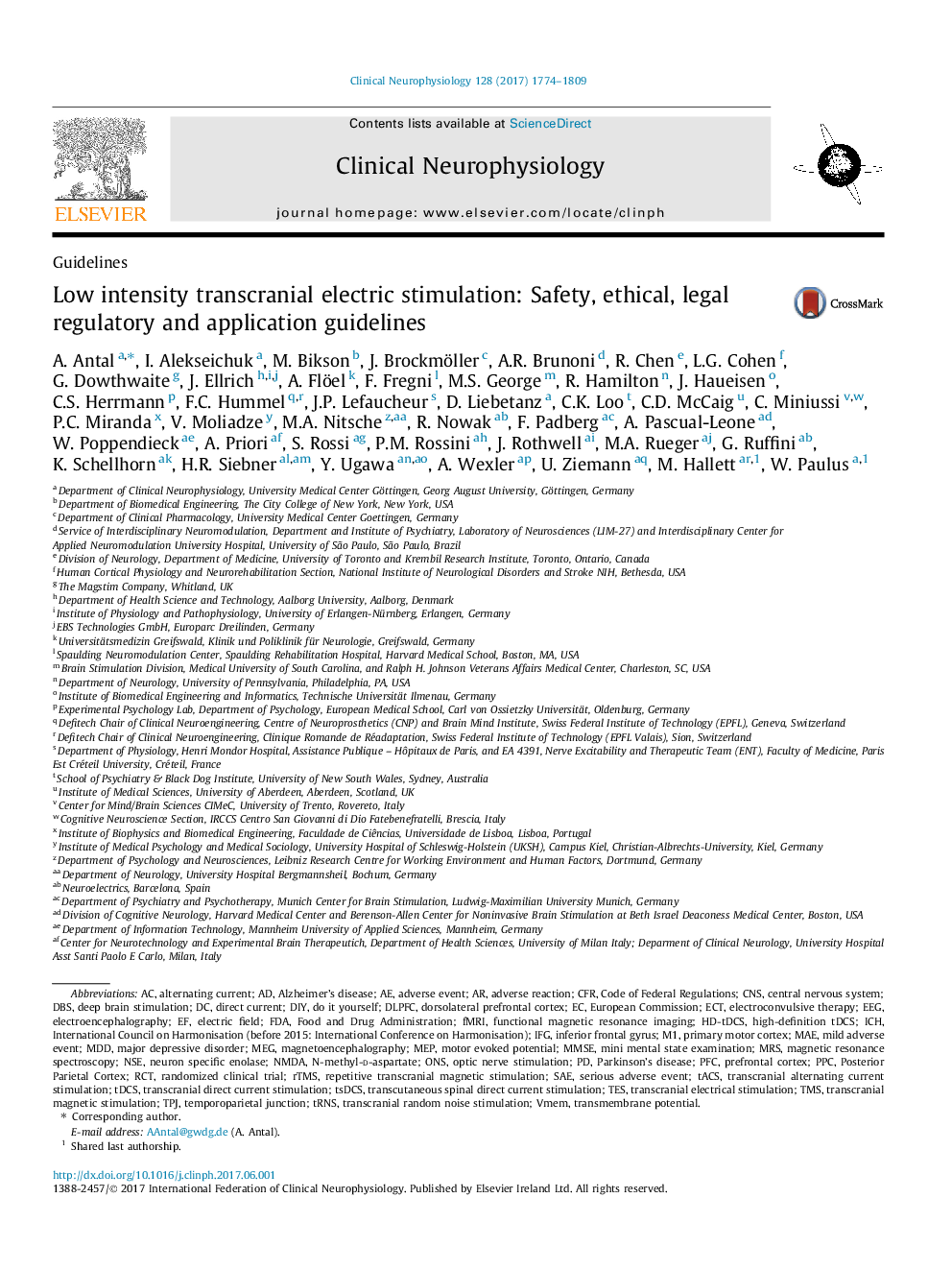 GuidelinesLow intensity transcranial electric stimulation: Safety, ethical, legal regulatory and application guidelines