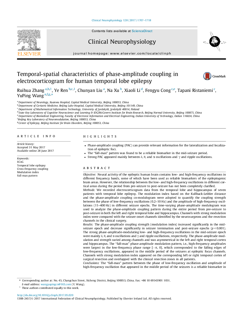 Temporal-spatial characteristics of phase-amplitude coupling in electrocorticogram for human temporal lobe epilepsy