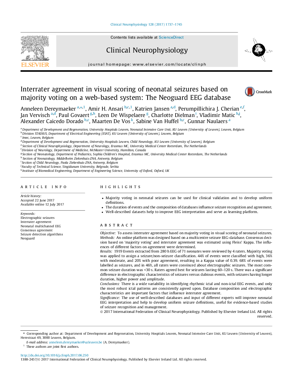 Interrater agreement in visual scoring of neonatal seizures based on majority voting on a web-based system: The Neoguard EEG database