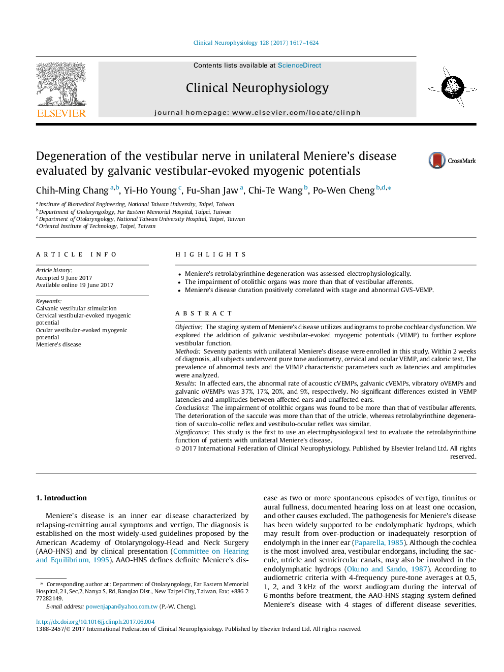 Degeneration of the vestibular nerve in unilateral Meniere's disease evaluated by galvanic vestibular-evoked myogenic potentials