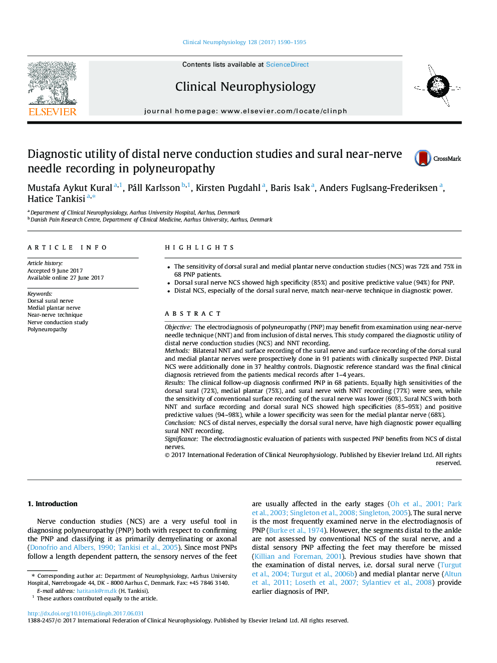 Diagnostic utility of distal nerve conduction studies and sural near-nerve needle recording in polyneuropathy