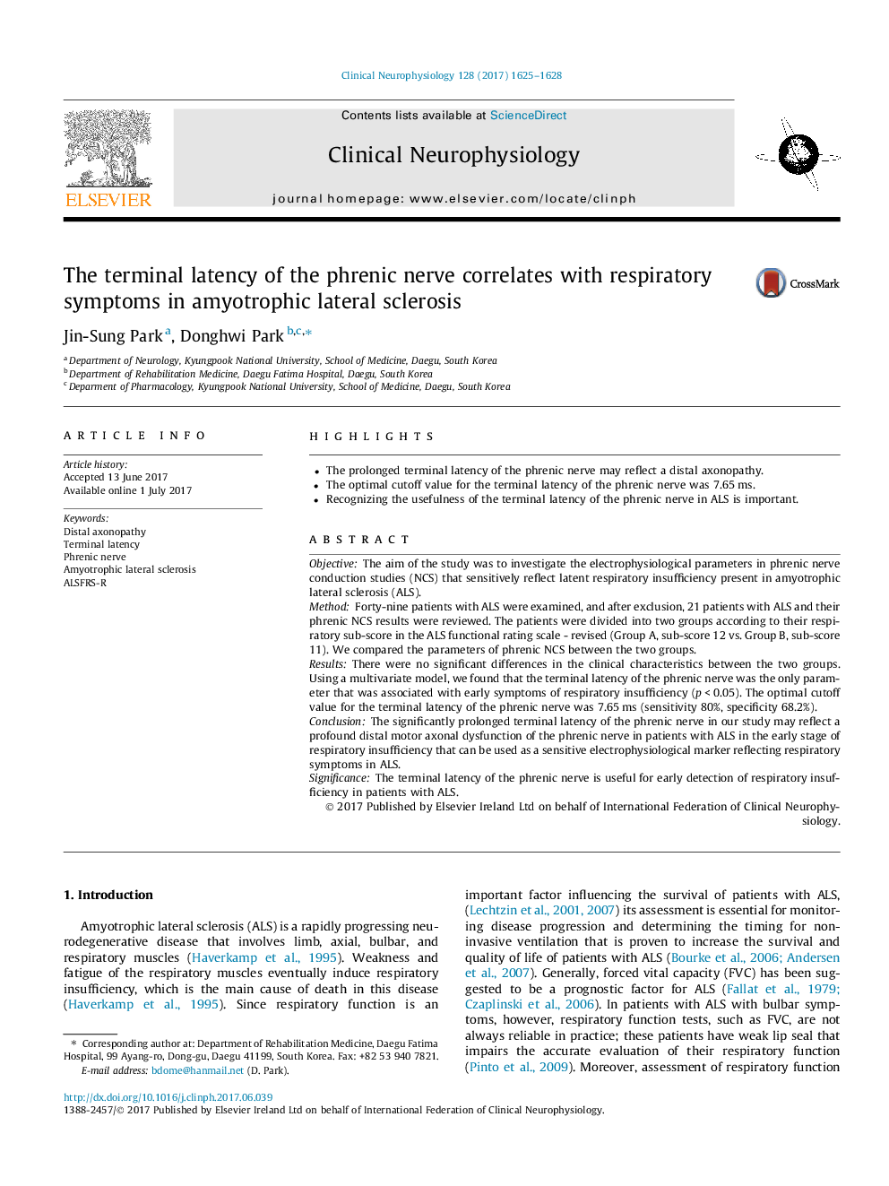 The terminal latency of the phrenic nerve correlates with respiratory symptoms in amyotrophic lateral sclerosis