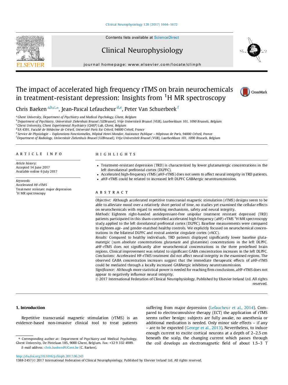 The impact of accelerated high frequency rTMS on brain neurochemicals in treatment-resistant depression: Insights from 1H MR spectroscopy