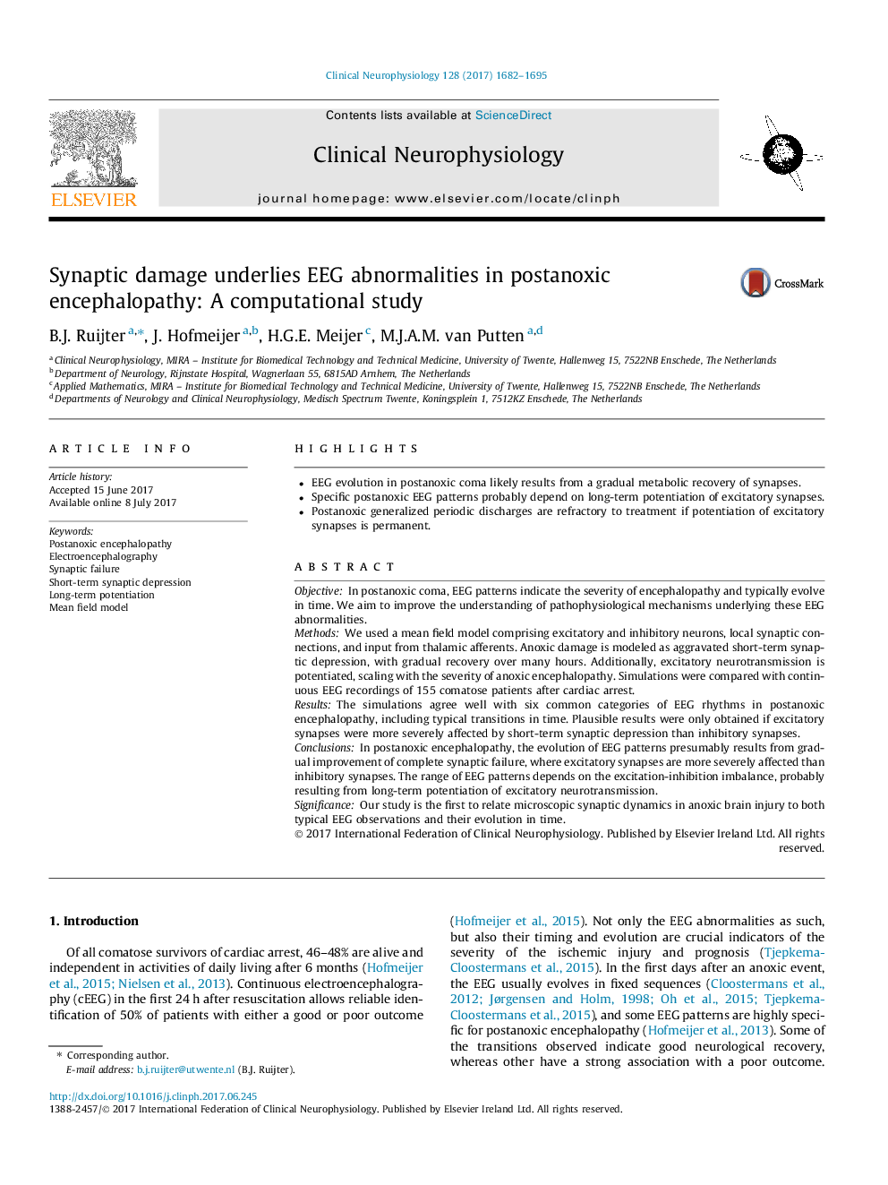 Synaptic damage underlies EEG abnormalities in postanoxic encephalopathy: A computational study