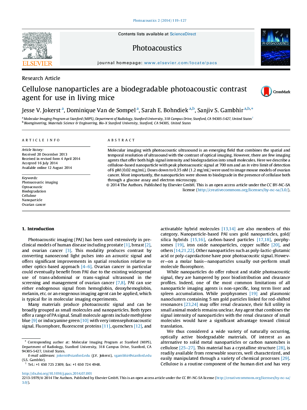 Cellulose nanoparticles are a biodegradable photoacoustic contrast agent for use in living mice