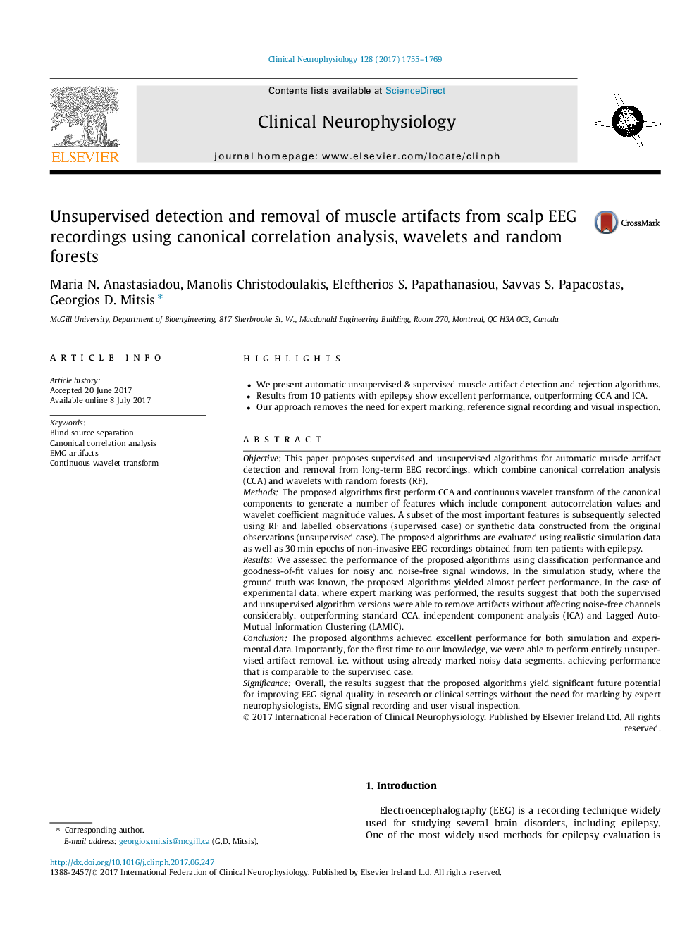 Unsupervised detection and removal of muscle artifacts from scalp EEG recordings using canonical correlation analysis, wavelets and random forests