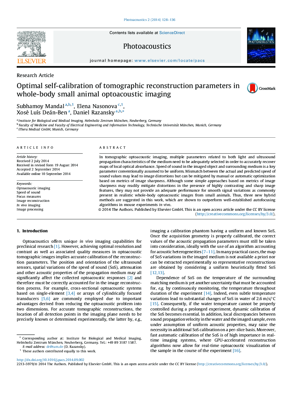 Optimal self-calibration of tomographic reconstruction parameters in whole-body small animal optoacoustic imaging