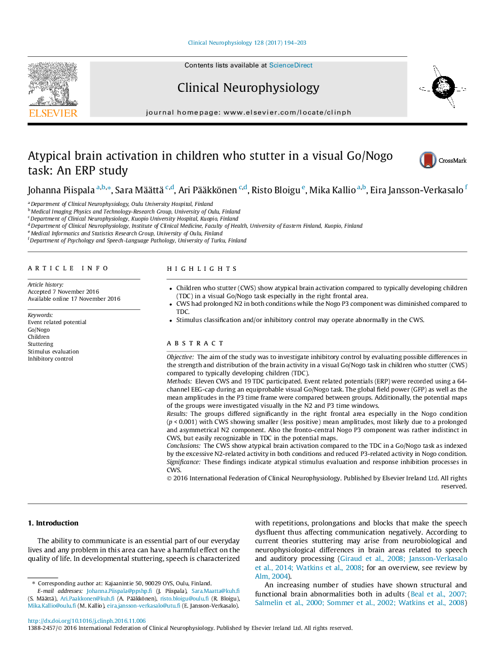 Atypical brain activation in children who stutter in a visual Go/Nogo task: An ERP study