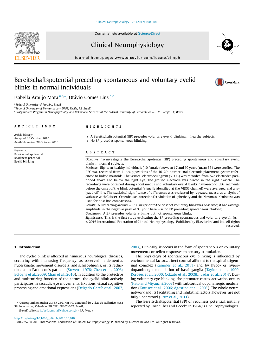 Bereitschaftspotential preceding spontaneous and voluntary eyelid blinks in normal individuals