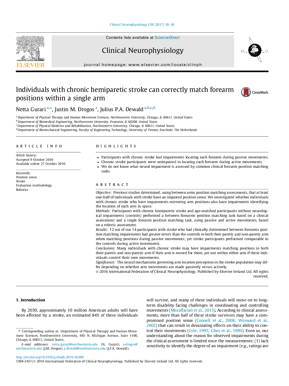 Individuals with chronic hemiparetic stroke can correctly match forearm positions within a single arm